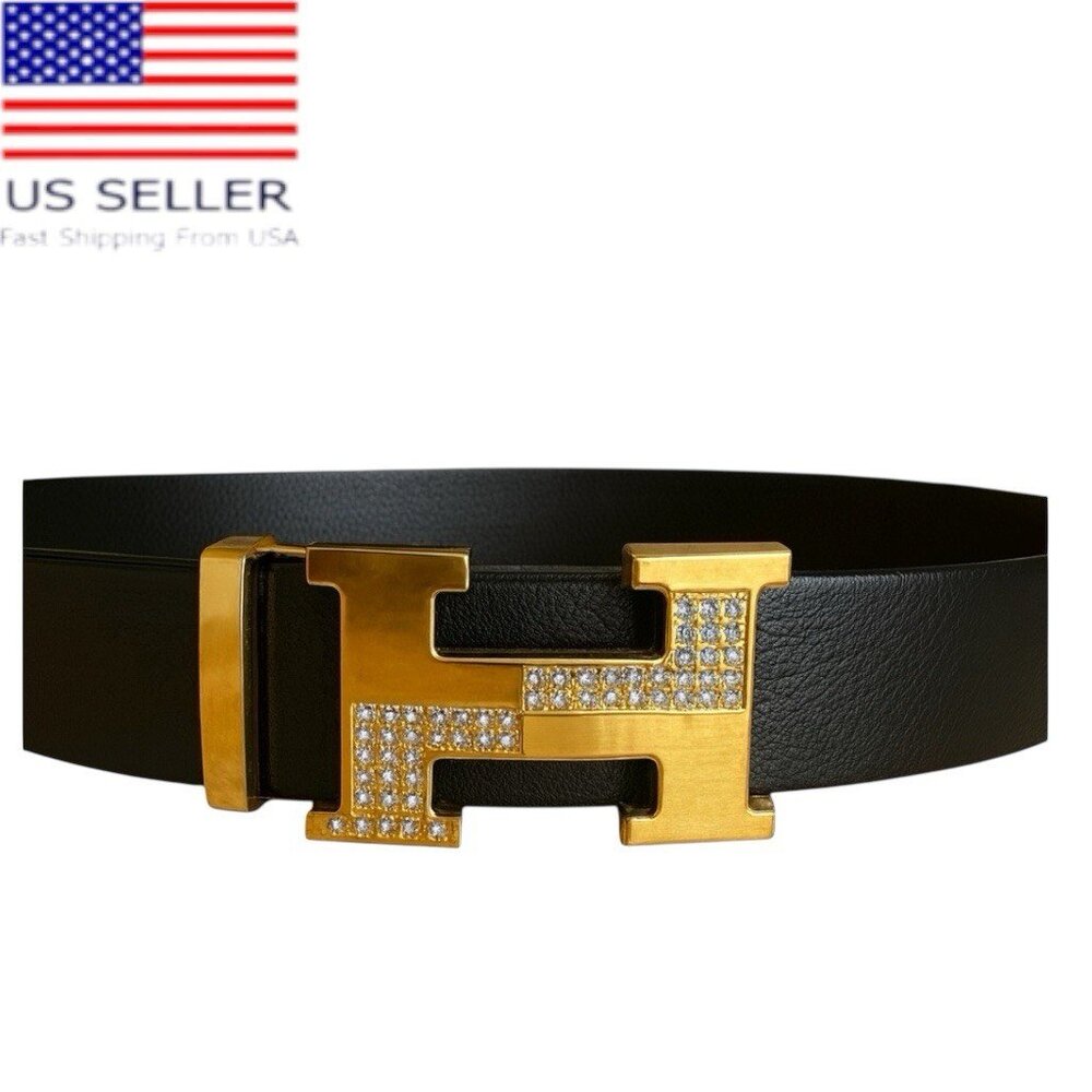 Elegant Fashion Belt Rhinestone Gold Buckle PU Leather Black Length 50 in